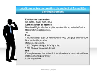 dépôt des actes de création de société et formalités
d'enregistrement
Mohcine et Oumayma
:
Entreprises concernées
SA, SARL, SNC, SCS, SCA
Administration concernée
Direction Régionale des Impôts représentée au sein du Centre
Régional d'Investissement.
16
Frais
* 1% du capital, avec un minimum de 1000 Dhs plus timbre de 20
Dhs par feuille pour les
statuts de la société.
* 200 Dh pour chaque PV s'il y a lieu
* 200 Dh pour le contrat de bail
N.B
L'enregistrement des actes doit se faire dans le mois qui suit leurs
établissements pour éviter
toute majoration.
 