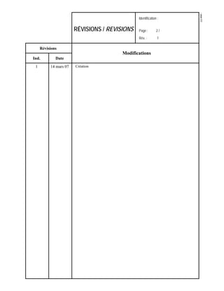 - page 2/2
                                               Identification :


                       RÉVISIONS / REVISIONS   Page :        2/
                                               Rév. :         1

     Révisions
                                        Modifications
Ind.         Date
 1        14 mars 07   Création
 