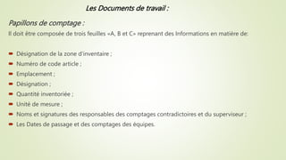 Papillons de comptage :
Il doit être composée de trois feuilles «A, B et C» reprenant des Informations en matière de:
 Désignation de la zone d’inventaire ;
 Numéro de code article ;
 Emplacement ;
 Désignation ;
 Quantité inventoriée ;
 Unité de mesure ;
 Noms et signatures des responsables des comptages contradictoires et du superviseur ;
 Les Dates de passage et des comptages des équipes.
Les Documents de travail :
 