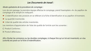 Mode opératoire de la procédure de comptage :
Lors de son passage, la première équipe effectue le comptage, prend l’exemplaire «A» du papillon de
comptage et le remplit en indiquant:
 L’indentification des produits en se référant à la fiche d’identification et au papillon d’inventaire.
 La quantité inventoriée.
 L’état de qualité des articles inventoriés.
Les mentions d’appréciation de l’état de qualité de l’article sont les suivantes :
C: Produit Conforme ;
X: Produit défectueux ;
Afin d’éviter les omissions ou les doubles comptages, à chaque fois qu’un lot est inventorié, un visa
(colorié) est posé sur la fiche d’indentification.
Les Documents de travail :
 