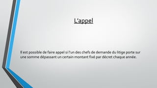 L’appel
Il est possible de faire appel si l’un des chefs de demande du litige porte sur
une somme dépassant un certain montant fixé par décret chaque année.
 