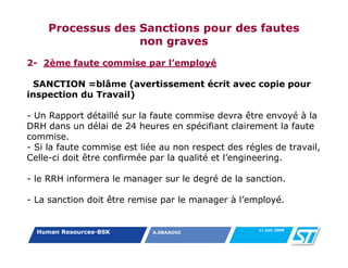 Processus des Sanctions pour des fautes
                   non graves
2- 2ème faute commise par l’employé

 SANCTION =blâme (avertissement écrit avec copie pour
inspection du Travail)

- Un Rapport détaillé sur la faute commise devra être envoyé à la
DRH dans un délai de 24 heures en spécifiant clairement la faute
commise.
- Si la faute commise est liée au non respect des régles de travail,
Celle-ci doit être confirmée par la qualité et l’engineering.

- le RRH informera le manager sur le degré de la sanction.

- La sanction doit être remise par le manager à l’employé.


                                                     11 juin 2008
  Human Resources-BSK        A.SBAAOUI
 