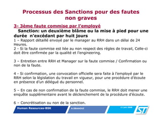 Processus des Sanctions pour des fautes
                   non graves
3- 3ème faute commise par l’employé
  Sanction: un deuxième blâme ou la mise à pied pour une
durée n’excédant par huit jours
1 – Rapport détaillé envoyé par le manager au RRH dans un délai de 24
Heures.
2 - Si la faute commise est liée au non respect des régles de travail, Celle-ci
doit être confirmée par la qualité et l’engineering.

3 – Entretien entre RRH et Manager sur la faute commise / Confirmation ou
non de la faute.

4 - Si confirmation, une convocation officielle sera faite à l’employé par le
RRH selon la législation du travail en vigueur, pour une procédure d’écoute
en présence d’un délégué du personnel.

5 – En cas de non confirmation de la faute commise, le RRH doit mener une
enquête supplémentaire avant le déclenchement de la procédure d’écoute.

6 – Concrétisation ou non de la sanction.
                                                              11 juin 2008
 Human Resources-BSK             A.SBAAOUI
 