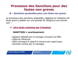 Processus des Sanctions pour des
            fautes non graves
   B – Sanctions graduelles pour une faute non grave:

Le processus des sanctions graduelles, appliqué en l’absence de
faute grave (valable sur une période de 365jours) est comme
suit:

    1- 1ére faute commise par l’employé

         SANCTION = avertissement.

     -   Rapport détaillé par le manager envoyé à la DRH
     -   Délai de 24heures
     -   DRH convoque le salarié à travers son superviseur
     -   Sanction remise par le manager.


                                                     11 juin 2008
  Human Resources-BSK         A.SBAAOUI
 