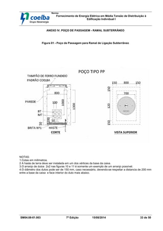 Norma
Fornecimento de Energia Elétrica em Média Tensão de Distribuição à
Edificação Individual l
SM04.08-01.003 7ª Edição 15/08/2014 33 de 50
ANEXO IV. POÇO DE PASSAGEM - RAMAL SUBTERRÂNEO
Figura 01 - Poço de Passagem para Ramal de Ligação Subterrâneo
NOTAS:
1.Cotas em milímetros.
2 A haste de terra deve ser instalada em um dos vértices da base da caixa.
3.O arranjo de dutos 2x2 nas figuras 10 e 11 é somente um exemplo de um arranjo possível.
4.O diâmetro dos dutos pode ser de 150 mm, caso necessário, devendo-se respeitar a distancia de 200 mm
entre a base da caixa e face interior do duto mais abaixo.
 