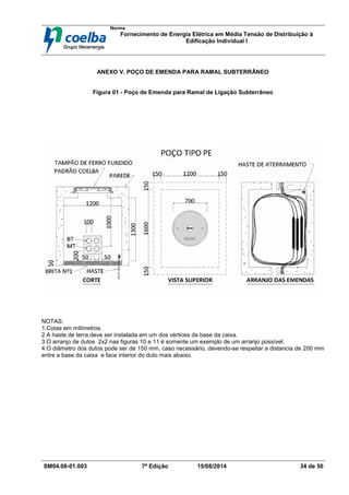 Norma
Fornecimento de Energia Elétrica em Média Tensão de Distribuição à
Edificação Individual l
SM04.08-01.003 7ª Edição 15/08/2014 34 de 50
ANEXO V. POÇO DE EMENDA PARA RAMAL SUBTERRÂNEO
Figura 01 - Poço de Emenda para Ramal de Ligação Subterrâneo
NOTAS:
1.Cotas em milímetros.
2 A haste de terra deve ser instalada em um dos vértices da base da caixa.
3.O arranjo de dutos 2x2 nas figuras 10 e 11 é somente um exemplo de um arranjo possível.
4.O diâmetro dos dutos pode ser de 150 mm, caso necessário, devendo-se respeitar a distancia de 200 mm
entre a base da caixa e face interior do duto mais abaixo.
 