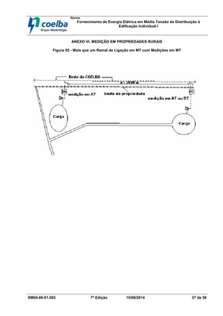 Norma
Fornecimento de Energia Elétrica em Média Tensão de Distribuição à
Edificação Individual l
SM04.08-01.003 7ª Edição 15/08/2014 37 de 50
ANEXO VI. MEDIÇÃO EM PROPRIEDADES RURAIS
Figura 05 - Mais que um Ramal de Ligação em MT com Medições em MT
 