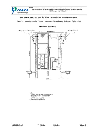 Norma
Fornecimento de Energia Elétrica em Média Tensão de Distribuição à
Edificação Individual l
SM04.08-01.003 7ª Edição 15/08/2014 45 de 50
ANEXO XI. RAMAL DE LIGAÇÃO AÉREO, MEDIÇÃO EM AT COM DISJUNTOR
Figura 01 - Medição em Alta Tensão – Instalação Abrigada com Disjuntor - Folha 01/03.
 