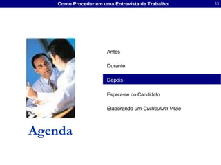 Agenda Antes Durante Depois Espera-se do Candidato   Elaborando um  Curriculum Vitae   