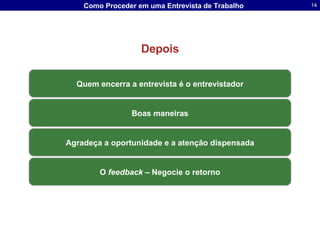 Depois Quem encerra a entrevista é o entrevistador Boas maneiras Agradeça a oportunidade e a atenção dispensada O  feedback –  Negocie o retorno 
