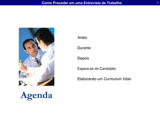 Agenda Antes Durante Depois Espera-se do Candidato   Elaborando um  Curriculum Vitae   