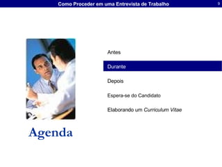 Agenda Antes Durante Depois Espera-se do Candidato   Elaborando um  Curriculum Vitae   