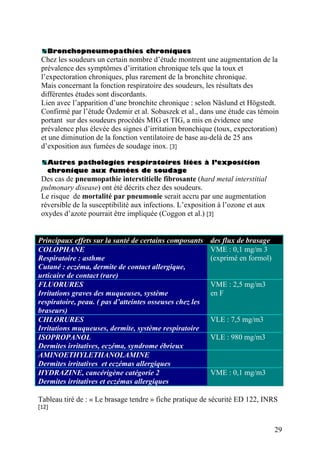 Bronchopneumopathies chroniques
Chez les soudeurs un certain nombre d’étude montrent une augmentation de la
prévalence des symptômes d’irritation chronique tels que la toux et
l’expectoration chroniques, plus rarement de la bronchite chronique.
Mais concernant la fonction respiratoire des soudeurs, les résultats des
différentes études sont discordants.
Lien avec l’apparition d’une bronchite chronique : selon Näslund et Högstedt.
Confirmé par l’étude Özdemir et al. Sobaszek et al., dans une étude cas témoin
portant sur des soudeurs procédés MIG et TIG, a mis en évidence une
prévalence plus élevée des signes d’irritation bronchique (toux, expectoration)
et une diminution de la fonction ventilatoire de base au-delà de 25 ans
d’exposition aux fumées de soudage inox. [3]
Autres pathologies respiratoires liées à l’exposition
chronique aux fumées de soudage
Des cas de pneumopathie interstitielle fibrosante (hard metal interstitial
pulmonary disease) ont été décrits chez des soudeurs.
Le risque de mortalité par pneumonie serait accru par une augmentation
réversible de la susceptibilité aux infections. L’exposition à l’ozone et aux
oxydes d’azote pourrait être impliquée (Coggon et al.) [3]
Principaux effets sur la santé de certains composants des flux de brasage
COLOPHANE
Respiratoire : asthme
Cutané : eczéma, dermite de contact allergique,
urticaire de contact (rare)
VME : 0,1 mg/m 3
(exprimé en formol)
FLUORURES
Irritations graves des muqueuses, système
respiratoire, peau. ( pas d’atteintes osseuses chez les
braseurs)
VME : 2,5 mg/m3
en F
CHLORURES
Irritations muqueuses, dermite, système respiratoire
VLE : 7,5 mg/m3
ISOPROPANOL
Dermites irritatives, eczéma, syndrome ébrieux
VLE : 980 mg/m3
AMINOETHYLETHANOLAMINE
Dermites irritatives et eczémas allergiques
HYDRAZINE, cancérigène catégorie 2
Dermites irritatives et eczémas allergiques
VME : 0,1 mg/m3
Tableau tiré de : « Le brasage tendre » fiche pratique de sécurité ED 122, INRS
[12]
29
 