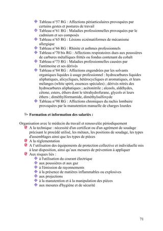 71
Tableau n°57 RG : Affections périarticulaires provoquées par
certains gestes et postures de travail
Tableau n°61 RG : Maladies professionnelles provoquées par le
cadmium et ses composés
Tableau n°65 RG : Lésions eczématiformes de mécanisme
allergique
Tableau n°66 RG : Rhinite et asthmes professionnels
Tableau n°70 bis RG : Affections respiratoires dues aux poussières
de carbures métalliques frittés ou fondus contenant du cobalt
Tableau n°73 RG : Maladies professionnelles causées par
l'antimoine et ses dérivés
Tableau n°84 RG : Affections engendrées par les solvants
organiques liquides à usage professionnel : hydrocarbures liquides
aliphatiques, alicycliques, hétérocycliques et aromatiques, et leurs
mélanges (white spirit, essences spéciales) ; dérivés nitrés des
hydrocarbures aliphatiques ; acétonitrile ; alcools, aldéhydes,
cétone, esters, éthers dont le tétrahydrofurane, glycols et leurs
éthers ; diméthylformamide, diméthylsulfoxyde
Tableau n°98 RG : Affections chroniques du rachis lombaire
provoquées par la manutention manuelle de charges lourdes
Formation et information des salariés :
Organisation avec le médecin du travail et renouvelée périodiquement
A la technique : nécessité d'un certificat ou d'un agrément de soudage
précisant le procédé utilisé, les métaux, les positions de soudage, les types
d'assemblages ainsi que les types de pièces
A la réglementation
A l’utilisation des équipements de protection collective et individuelle mis
à leur disposition, ainsi qu’aux mesures de prévention à appliquer
Aux risques liés :
à l'utilisation du courant électrique
aux poussières et aux gaz
à l'émission de rayonnements
à la présence de matières inflammables ou explosives
aux projections
à la manutention et à la manipulation des pièces
aux mesures d'hygiène et de sécurité
 