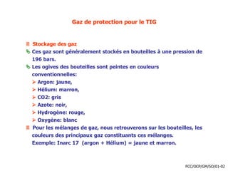 Gaz de protection pour le TIG
 Stockage des gaz
 Ces gaz sont généralement stockés en bouteilles à une pression de
196 bars.
 Les ogives des bouteilles sont peintes en couleurs
conventionnelles:
 Argon: jaune,
 Hélium: marron,
 CO2: gris
 Azote: noir,
 Hydrogène: rouge,
 Oxygène: blanc
 Pour les mélanges de gaz, nous retrouverons sur les bouteilles, les
couleurs des principaux gaz constituants ces mélanges.
Exemple: Inarc 17 (argon + Hélium) = jaune et marron.
FCC/OCP/GM/SO/01-02
 
