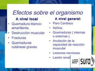 Efectos sobre el organismo
A nivel localA nivel local
• Quemadura blanco-
amarillenta.
• Destrucción muscular
• Fracturas
• Quemaduras
cutáneas graves
A nivel general:A nivel general:
• Paro Cardiaco
• Asfixia.
• Quemaduras ( internas
o externas ).
• Anulación de la
capacidad de reacción
muscular
• Lesiones nerviosas
• Lesión renal
 