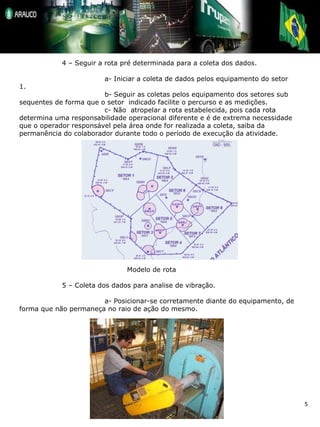 4 – Seguir a rota pré determinada para a coleta dos dados. a- Iniciar a coleta de dados pelos equipamento do setor 1.  b- Seguir as coletas pelos equipamento dos setores sub sequentes de forma que o setor  indicado facilite o percurso e as medições. c- Não  atropelar a rota estabelecida, pois cada rota determina uma responsabilidade operacional diferente e é de extrema necessidade que o operador responsável pela área onde for realizada a coleta, saiba da permanência do colaborador durante todo o período de execução da atividade.   Modelo de rota  5 – Coleta dos dados para analise de vibração. a- Posicionar-se corretamente diante do equipamento, de forma que não permaneça no raio de ação do mesmo. 