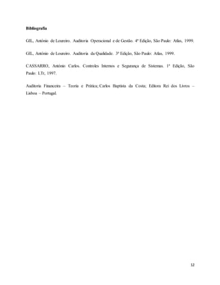 12
Bibliografia
GIL, António de Loureiro. Auditoria Operacional e de Gestão. 4ª Edição, São Paulo: Atlas, 1999.
GIL, António de Loureiro. Auditoria da Qualidade. 3ª Edição, São Paulo: Atlas, 1999.
CASSARRO, António Carlos. Controles Internos e Segurança de Sistemas. 1ª Edição, São
Paulo: LTr, 1997.
Auditoria Financeira – Teoria e Prática; Carlos Baptista da Costa; Editora Rei dos Livros –
Lisboa – Portugal.
 