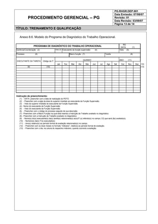 PG.RHGR.DEP.001
Data Emissão: 07/08/07
Revisão: 01
Data Revisão: 03/09/07
PROCEDIMENTO GERENCIAL – PG
Página 13 de 14
TÍTULO: TREINAMENTO E QUALIFICAÇÃO
Anexo 8.6. Modelo do Programa de Diagnóstico do Trabalho Operacional.
RG
DATA
Visto:(3) Visto: (5)
ANO: (11)
Jan Fev Mar Abr Mai Jun Jul Ago Set Out Nov Dez (12)
(9) (10) (13)
Instrução de preenchimento:
(1) - DATA: preencher com a data de realização do PDTO.
(2) - Preencher com a sigla da área do superior imediato ao executante da Função Supervisão.
(3) - Visto do superior imediato do executante da Função Supervisão.
(4) - Nome do executante da Função Supervisão
(5) - Visto do executante da Função Supervisão.
(6) - Preencher com o código do processo seguido de sua descrição.
(7) - Preencher com a Macro Função na qual está inserido a Instrução de Trabalho avaliado no diagnóstico
(8) - Preencher com a Instrução de Trabalho avaliado no diagnóstico
(9) - Nome(s) do(s) executante(s) da(s) tarefa(s) relacionada(s) ao(s)IT (s) referido(s) no campo (12) que será (ão) avaliado(s).
(10) - Número(s) da(s) IT(s) executado(s)
(11) - Ano(s) relativo(s) ao período formal de avaliação relacionado(s) no campo.
(12) - Preencher com os doze meses no formato “mês/ano”, relativos ao período formal de avaliação.
(13) - Preencher com o dia, na coluna do respectivo mês/ano, quando ocorrerá a avaliação.
EXECUTANTE DA TAREFA Cõdigo da IT
QUANDO
PROGRAMA DE DIAGNÓSTICO DO TRABALHO OPERACIONAL
Executante da função supervisão: (4)
Processo: (6) Macro função: (7) Tarefa: (8)
(1)
Gerência/Coordenação: (2)
 
