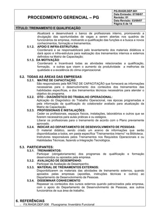 PG.RHGR.DEP.001
Data Emissão: 07/08/07
Revisão: 01
Data Revisão: 03/09/07
PROCEDIMENTO GERENCIAL – PG
Página 6 de 14
TÍTULO: TREINAMENTO E QUALIFICAÇÃO
Atualizará e desenvolverá o banco de profissionais interno, promovendo a
divulgação das oportunidades de vagas a serem abertas nos quadros de
funcionários da empresa, motivando a qualificação das funções e a busca a novos
conhecimentos, formação e treinamentos.
5.1.2. APOIO E INFRA-ESTRUTURA:
Coordenará e se responsabilizará pelo levantamento dos materiais didáticos e
dará apoio e infra-estrutura para realização dos treinamentos internos e externos
definidos na Matriz de Capacitação;
5.1.3. DA MOTIVAÇÃO:
Coordenará e Incentivará todas as atividades relacionadas a qualificação,
formação, e outras que visem o aumento da produtividade a melhorias da
qualidade e a excelência do clima organizacional.
5.2. TODAS AS ÁREAS DAS EMPRESAS:
5.2.1. MATRIZ DE CAPACITAÇÃO:
São responsáveis pela MATRIZ DE CAPACITAÇÃO que fornecerá as informações
necessárias para o desenvolvimento dos conteúdos dos treinamentos das
habilidades específicas, e dos treinamentos técnicos necessários para atender o
objetivo do programa.
5.2.2. DTO – DIAGNÓSTICO DO TRABALHO OPERACIONAL:
Aplicação do Diagnóstico do Trabalho Operacional, nas épocas programadas e
pela informação da qualificação do colaborador avaliado para atualização da
Matriz de Capacitação.
5.2.3. PROFISSIONAIS E INSTALAÇÕES:
Ceder os profissionais, espaços físicos, instalações, laboratórios e outros que se
fizerem necessários para aulas práticas e ou estágios.
Liberar os profissionais para o treinamento de acordo com o Plano previamente
aprovado.
5.2.4. INDICAR AO DEPARTAMENTO DE DESENVOLVIMENTO DE PESSOAS:
O material didático, sendo criado um acervo de informações que serão
disponibilizadas a todos, em pasta específica “Treinamentos Interno” na Biblioteca.
Instrutores responsáveis pelos Treinamentos nos Requisitos Operacionais e ou
Habilidades Técnicas, fazendo a Integração Tecnológica.
5.3. PARTICIPANTES:
5.3.1. TREINAMENTOS:
Participar (obrigatoriamente) dos programas de qualificação e formação
desenvolvidos ou apoiados pela empresa.
5.3.2. AVALIAÇÃO DE DESEMPENHO:
Participar da Avaliação de Desempenho.
5.3.3. MATERIAL DE TREINAMENTOS EXTERNOS:
Disponibilizarem os materiais das atividades de treinamento externos, quando
apoiados pelas empresas (apostilas, instruções técnicas e outros) ao
Departamento de Desenvolvimento de Pessoas.
5.3.4. DISSEMINAR CONHECIMENTO:
Repassar os conteúdos dos cursos externos quando patrocinados pela empresa,
com o apoio do Departamento de Desenvolvimento de Pessoas, aos outros
funcionários de sua área de trabalho.
6. REFERÊNCIAS
− FX.RHGR.DEP.006 Fluxograma: Inventário Funcional
 