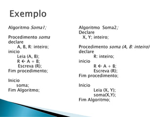 Algoritmo Soma1;
Procedimento soma
declare
A, B, R: inteiro;
inicio
Leia (A, B);
R  A + B;
Escreva (R);
Fim procedimento;
Inicio
soma;
Fim Algoritmo;
Algoritmo Soma2;
Declare
X, Y; inteiro;
Procedimento soma (A, B: inteiro)
declare
R: inteiro;
inicio
R  A + B;
Escreva (R);
Fim procedimento;
Inicio
Leia (X, Y);
soma(X,Y);
Fim Algoritmo;
 