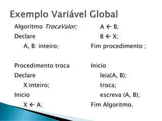 Algoritmo TrocaValor;
Declare
A, B: inteiro;
Procedimento troca
Declare
X:inteiro;
Inicio
X  A;
A  B;
B  X;
Fim procedimento ;
Inicio
leia(A, B);
troca;
escreva (A, B);
Fim Algoritmo.
 