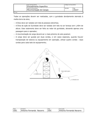 Tipo de Documento
Procedimento Específico
Código do Documento
Título Do Documento
Movimentação de Cargas
Revisão Pág.
19/27
Nº Doc/
Área
GSC
Emitente
Antonio Fernando Navarro
Área
GSC
Aprovação
Antonio Fernando Navarro
Todas as operações devem ser realizadas, com o guindaste devidamente aterrado à
malha terra da obra;
- A Área deve ser isolada com tela às pessoas estranhas;
- A Área de ação do Guindaste deve ser isolada com tela na cor laranja com 1,40m de
altura. Esse isolamento deve ser feito ao redor do guindaste, deixando apenas uma
passagem para o operador;
- A movimentação de carga deverá ser o mais próximo do solo possível;
- A carga deve ser guiada por duas cordas, e em casos especiais, quando houver
transposição de tubovia ou equipamento em operação, utilizar quatro cordas : duas
cordas para cada lado do equipamento;
 