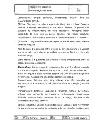 Tipo de Documento
Procedimento Específico
Código do Documento
Título Do Documento
Movimentação de Cargas
Revisão Pág.
4/27
Nº Doc/
Área
GSC
Emitente
Antonio Fernando Navarro
Área
GSC
Aprovação
Antonio Fernando Navarro
Desvantagens: exigem estruturas, investimento elevado, área de
movimentação definida.
· Pórticos: São vigas elevadas e auto-sustentáveis sobre trilhos. Possuem
sistema de elevação semelhante ao das pontes rolantes. Os pórticos são
utilizados no armazenamento em locais descobertos. Vantagens: maior
capacidade de carga que as pontes rolantes, não requer estrutura.
Desvantagens: menos seguro, interfere com o tráfego no piso, e é mais caro.
· Quadrante: Região definida que passa pelo centro da patola estendida e o
centro de máquina;
· Raio de carga: É a distância entre o centro de giro da máquina e a vertical
que passa pelo centro do eixo da roldana da ponta da lança e o centro de
massa da carga;
· Sobre cabine: É a quadrante que abrange a região compreendida entre as
patolas dianteiras da maquina;
· Stacker Crane: Consiste numa torre apoiada sobre um trilho inferior e guiada
por um trilho superior. Pode ser instalada em corredores com menos de 1
metro de largura e algumas torres atingem até 30m de altura. Exige alto
investimento, mas ocasiona uma grande economia de espaço.
· Superestrutura: Estrutura com parte rotativa onde são montados os
mecanismos de acionamento da máquina e/ou cabine de operação (mesa da
máquina).
· Transportadores contínuos: Equipamento Horizontal, inclinado ou vertical,
utilizado para movimentar ou transportar continuamente cargas numa
distância predeterminada, possuindo locais de carga, descarga e de
transferência fixas e/ou seletivas.
· Veículos Industriais: Veículos motorizados ou não, utilizados para movimentar
cargas uniformes ou mistas, intermitentemente por caminhos variáveis que
 