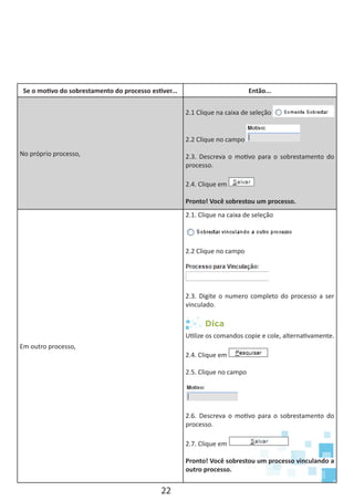 22
Se o motivo do sobrestamento do processo estiver... Então...
No próprio processo,
2.1 Clique na caixa de seleção
2.2 Clique no campo
2.3. Descreva o motivo para o sobrestamento do
processo.
2.4. Clique em
Pronto! Você sobrestou um processo.
Em outro processo,
2.1. Clique na caixa de seleção
2.2 Clique no campo
2.3. Digite o numero completo do processo a ser
vinculado.
Dica
Utilize os comandos copie e cole, alternativamente.
2.4. Clique em
2.5. Clique no campo
2.6. Descreva o motivo para o sobrestamento do
processo.
2.7. Clique em
Pronto! Você sobrestou um processo vinculando a
outro processo.
 