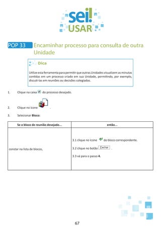 67
Dica
Utilize esta ferramenta para permitir que outras Unidades visualizem as minutas
contidas em um processo criado em sua Unidade, permitindo, por exemplo,
discuti-las em reuniões ou decisões colegiadas.
1.	 Clique na caixa do processo desejado.
2.	 Clique no ícone .
3.	 Selecionar Bloco:
Se o bloco de reunião desejado... então...
constar na lista de blocos,
3.1 clique no ícone do bloco correspondente.
3.2 clique no botão .
3.3 vá para o passo 4.
POP 33 Encaminhar processo para consulta de outra
Unidade
 