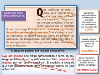 A pergunta é
acompanhada de
uma resposta, e
toda essa
informação pode
ser parafraseada
num único período.
CÓPIA
Apaga-se aquilo
que não é essencial
no texto do
Resumo.
APAGAMENTO
Neste parágrafo, o que interessa é o tópico frasal apenas.
O Resumo poderia ser iniciado desta forma:
Lya Luft começa seu artigo apresentando o tema de seu
artigo na forma de um questionamento feito, segundo ela
mesma, por um “jovem jornalista”. É explícita a ideia de
que num relacionamento deva-se esperar, acima de tudo
a Amizade.
Sempre deverá ser
feita menção do autor
do texto, afinal o
contrário será plágio.
REFERENCIAÇÃO
Dadas tais dicas,
vamos continuar, ok!
 