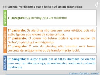 INTRODUÇÃO
1° parágrafo: Os piercings são um modismo.
DESENVOLVIMENTO
2° parágrafo: Os piercings não possuem valor estético, pois não
estão ligados aos valores de nossa cultura.
3° parágrafo: O jovem no futuro poderá querer mudar de
“tribo”; o piercing é anti-higiênico.
4° parágrafo: O uso do piercing não constitui uma forma
concreta de antagonismo ou de transformação social.
CONCLUSÃO
5° parágrafo: O autor afirma dar às filhas liberdade de escolha
para usar ou não piercings; pessoalmente, continuará evitando
modismos.
8
Professor Gedalias - UNIVAP
Resumindo, verificamos que o texto está assim organizado:
 