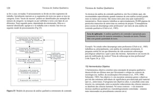Técnicas de Análise Qualitativa120
se for o caso, revisadas. O processamento se divide em dois segmentos de
trabalho. Inicialmente marcam-se os segmentos do texto nos quais se toca na
categoria. Estes “locais de sucesso” podem ser identificados por anotação do
número da categoria na margem ou por sublinhar o texto com lápis de cor
diferentes. Num segundo passo, dependendo da estruturação, filtra-se o
material identificado, agrupa-se e se trabalha com o mesmo. Isto leva ao
seguinte model de processamento (Fig 23):
Figura 23: Modelo do processo de análise qualitativa estruturante de conteúdo
Técnicas de Análise Qualitativa 121
As técnicas da análise de conteúdo qualitativa, isto fica evidente aqui, são
recomendadas especialmente quando tratamos de uma análise textual guiada
mais ou menos por teorias. São menos úteis para uma ação exploratória /
interpretativa. Desta maneira trabalhou-se aproximadamente 20.000 páginas de
protocolos transcritos de entrevistas no contexto do projeto “Conseqüências
psico-sociais do desemprego entre professores” por meio de uma análise de
conteúdo qualitativa (Ulich et al., 1985).
Exemplo: No estudo sobre desemprego entre professores (Ulich et al., 1985)
trabalhou-se, principalmente, com análise de conteúdo estruturante. A
pergunta central foi em que dimensões da vida acontecem sobrecargas
psicológicas subjetivas e qual o peso das mesmas. Apresenta-se um recorte do
guia de codificação da variável “Grau de sobrecarga na área profissional”
(vide Figura 24, p. 122).
15) Hermenêutica Objetiva
A hermeneutica objetiva constitui uma concepção de pesquisa qualitativa
desenvolvida nos últimos anos por Oevermann e colegas no contexto da
sociologia (ou, melhor, da socialização) (Oevermann et al., 1979, 1980;
Schneider, 1985). Seu objetivo é o de encontrar estruturas gerais e objetivas
por trás das estruturas individuais de significância providenciada pelo material
(por ex., entrevistas). O programa tem objetivos altos, é concebido como uma
terceira via, estruturado, entre as posições reducionistas das ciências naturais e
as idealistas das ciências humanas. No nosso contexto – o de enumerar
técnicas analíticas qualitativas e metodologicamente controladas – estamos
mais interessados no procedimento concreto em si.
Área de aplicação: A análise qualitativa de conteúdo é apropriada para
tratamento de texto de maneira sistemática e baseada em teoria. Permite
lidar com grande quantidade de texto.
 