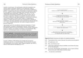 Técnicas de Análise Qualitativa128
constitui o terceiro passo. As manifestações verbais são colocadas no seu
contexto amplo de interações, pergunta-se, que significação verbal as
interações têm; comparam-se vários cenários, para encontrar semelhanças e
padrões. “A pergunta que direciona a interpretação se expande para a questão
de como alguém se comunica sobre algo e quais formas de vida social são
representadas nesta comunicação” (Leithäuser et al., 1979, p. 173). Na
compreensão da hermenêutica profunda como o próximo passo, tenta-se
desvendar as repressões. Utilizam-se os resultados dos passos anteriores.
Procuram-se indícios de onde figuras lingüísticas e interacionais se mostram
como formas de defesa. O último critério sempre é a compreensão do
intérprete. A análise direciona-se para uma reconstrução dos conteúdos de
significações, que foram reprimidos e uma reconstrução da razão da repressão;
i.e., o o que e o porquê da repressão. Isto resulta no seguinte modelo de
processo (Figura 26).
Apresentamos aqui outro procedimento altamente interpretativo. É muito
difícil justificar e assegurar as interpretações concretas. Além do mais, o
procedimento baseia-se na teoria psicanalítica. Somente quando a pergunta da
pesquisa se adequa a este contexto, recomenda-se este procedimento. Mas,
neste caso, sem dúvida pode resultar em conclusões importantes.
Exemplo: Leithäuser (1985) delineou um exemplo para seu processo
interpretativo que tem a ver com desemprego. De uma discussão em grupo
com trabalhadores de um estaleiro segue o seguinte segmento, que mostra o
efeito do medo diante do desemprego (p. 471):
Áreas de aplicação: A interpretação psicanalítica de textos, na forma aqui
apresentada, se baseia num referencial teórico predeterminado, mas dentre
este referencial pode fornecer importantes explicações sobre conteúdos de
significações reprimidas no contexto social.
Técnicas de Análise Qualitativa 129
Figura 26: Modelo do processo da análise de conteúdo psicanalítica
(28) O que podemos fazer contra o fato que vão construir navios de guerra?
(29) Nós poderíamos, sim!
(30) Mas, como faríamos isto?
(31) Todos juntos poderíamos deixar de trabalhar, mas teríamos de ariscar
de ficar desempregados.
(32) Isto mesmo. Desempregado, desempregado, você vai morrer de fome;
não tem outro jeito. (todos falam ao mesmo tempo)
(37) ... Se nós não os construirmos
 