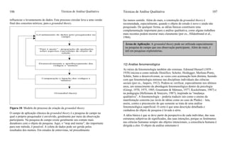 Técnicas de Análise Qualitativa106
influenciar o levantamento de dados. Este processo circular leva a uma versão
final dos conceitos teóricos, para a grounded theory.
Figura 18: Modelo do processo de criação da grounded theory
O campo de aplicação clássica da grounded theory é a pesquisa de campo na
qual o próprio pesquisador é envolvido, geralmente por meio da observação
participante. Na pesquisa de campo existe geralmente um contato mais
duradouro com o objeto de pesquisa. Aqui, o “stop and memo”, tão importante
para este método, é possível. A coleta de dados pode ser gerida pelos
resultados dos memos. Em estudos de entrevistas, tal procedimento
Técnicas de Análise Qualitativa 107
faz menos sentido. Além do mais, a construção da grounded theory é
recomendada, especialmente, quando o objeto de estudo é novo e ainda não
pesquisado. De qualquer forma, as idéias básicas constituem uma
complementação importante para a análise qualitativa, como alguns trabalhos
mais recentes podem mostrar mais claramente (por ex., Hildenbrand et al.,
1984).
12) Análise fenomenológica
As raízes da fenomenologia também são extensas. Edmund Husserl (1859 –
1938) iniciou-a como método filosófico; Scheler, Heidegger, Merleau-Ponty,
Schütz, Satre a desenvolveram, as vezes com acentuação bem distinta, fazendo
com que fenomenologia entrasse nas disciplinas individuais das ciências
sociais (por ex., Jaspers, 1912). Podem-se verificar, especialmente nos últimos
anos, um renascimento da abordagem fenomenológica dentro da psicologia
(Giorgi, 1970, 1975, 1985; Graumann & Métraux, 1977; Kockelmans, 1987) e
na pedagogia (Hellemans & Smeyers, 1987), inspirada na “mudança
qualitativa”. A fenomenologia – poderia traduzir isto como o ensino da
manifestação concreta (ao invés de idéias como no caso de Platão) – luta,
assim, contra o preconceito de que somente se trata de uma análise
fenomenológica superficial. O certo é que uma descrição detalhada e
cuidadosa do objeto de pesquisa é levada a sério.
A idéia básica é que se deve partir da perspectiva de cada indivíduo, das suas
estruturas subjetivas de significados, das suas intenções, porque os fenômenos
nas ciências humanas sempre são objetos intencionais, a consciência humana é
dirigida a eles. O objeto da análise entretanto é
Áreas de Aplicação: A grounded theory pode ser utilizada especialmente
na pesquisa de campo que usa observação participante. Além do mais, é
útil em pesquisas exploratórias.
 