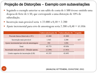 Projeção de Distorções – Exemplo com subavaliações
 Seguindo o exemplo anterior se um saldo de conta de $ 500 tivesse omitido uma
despesa de frete de $ 50, que corresponde a uma distorção de 10% de
subavaliação.
 Incorreção mais provável seria $ 22.000 x 0,10 = 2.200
 Ajuste incremental para erro de amostragem seria 2.200 x 0,48 = $1.056
40
Sobrevalorização ($) Subavaliação ($) Líquida
Precisão básica (Intervalo x FC) 41.800 41.800
Incorreção mais provável 1.563 2.200 637
Ajuste incremental por erro de amostragem 392 1.056
Total 43.775 45.056
Incorreção mais provável – Direção oposta (2.200) (1.563)
Limite superior de incorreção (LSI) 41.555 43.493
(GRAMLING, RITTENBERG, JOHNSTONE, 2012)
 