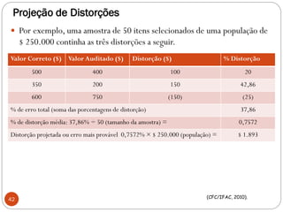 Projeção de Distorções
 Por exemplo, uma amostra de 50 itens selecionados de uma população de
$ 250.000 continha as três distorções a seguir.
42 (CFC/IFAC, 2010).
Valor Correto ($) Valor Auditado ($) Distorção ($) % Distorção
500 400 100 20
350 200 150 42,86
600 750 (150) (25)
% de erro total (soma das porcentagens de distorção) 37,86
% de distorção média: 37,86% ÷ 50 (tamanho da amostra) = 0,7572
Distorção projetada ou erro mais provável 0,7572% × $ 250.000 (população) = $ 1.893
 