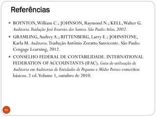 Referências
 BOYNTON,William C.; JOHNSON, Raymond N.; KELL,Walter G.
Auditoria.Tradução José Evaristo dos Santos.São Paulo:Atlas,2002.
 GRAMLING,AudreyA.; RITTENBERG, Larry E.; JOHNSTONE,
Karla M. Auditoria.TraduçãoAntônio Zoratto Sanvicente. São Paulo:
Cengage Learning, 2012.
 CONSELHO FEDERAL DE CONTABILIDADE. INTERNATIONAL
FEDERATION OFACCOUNTANTS (IFAC). Guia de utilização de
Auditoria em Auditorias de Entidades de Pequeno e Médio Portes:conceitos
básicos. 2 ed.Volume 1, outubro de 2010.
61
 