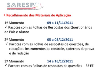 Recolhimento dos Materiais de Aplicação 1º Momento 09 a 11/11/2011 Pacotes com as Folhas de Respostas dos Questionários de Pais e Alunos 2º Momento 05 a 08/12/2011 Pacotes com as Folhas de respostas de questões, de redação e instrumentos de controle, cadernos de prova e de redação 3º Momento 14 a 16/12/2011 Pacotes com as Folhas de respostas de questões – 3º EF 