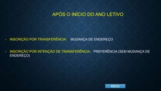 MENU
- INSCRIÇÃO POR TRANSFERÊNCIA: MUDANÇA DE ENDEREÇO
- INSCRIÇÃO POR INTENÇÃO DE TRANSFERÊNCIA: PREFERÊNCIA (SEM MUDANÇA DE
ENDEREÇO)
APÓS O INÍCIO DO ANO LETIVO
 