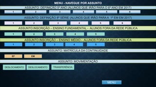 MENU
MENU - NAVEGUE POR ASSUNTO
1 2 3 4 5 6
ASSUNTO: DEFINIÇÃO 5º ANO (ALUNOS QUE IRÃO PARA O 6º ANO EM 2017)
ASSUNTO: DEFINIÇÃO 8ª SÉRIE (ALUNOS QUE IRÃO PARA A 1ª EM EM 2017)
1 2 3 4 5 6
ASSUNTO:INSCRIÇÃO – ENSINO FUNDAMENTAL - ALUNOS FORA DA REDE PÚBLICA
1 2 3 4
ASSUNTO:INSCRIÇÃO – ENSINO MÉDIO - ALUNOS FORA DA REDE PÚBLICA
5
1 2 3 4 5
ASSUNTO: MOVIMENTAÇÃO
DESLOCAMENTO
ASSUNTO: MATRÍCULA DA CONTINUIDADE
EF EM
DESLOCAMENTO TRANSFERÊNCIA
 