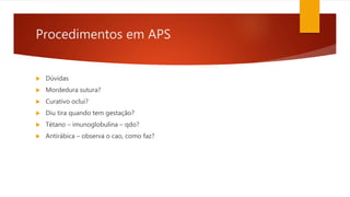 Procedimentos em APS
 Dúvidas
 Mordedura sutura?
 Curativo oclui?
 Diu tira quando tem gestação?
 Tétano – imunoglobulina – qdo?
 Antirábica – observa o cao, como faz?
 