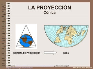 LA PROYECCIÓN Cónica SISTEMA DE PROYECCIÓN MAPA  Fuente:  http :// gcremona . freespaces . com / cartografia /ppios6. htm  y elaboración propial Prof. Isaac Buzo Sánchez http :// personales.ya.com / isaacbuzo 