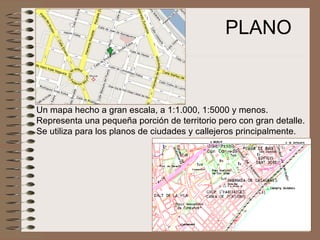 PLANO Un mapa hecho a gran escala, a 1:1.000, 1:5000 y menos.  Representa una pequeña porción de territorio pero con gran detalle. Se utiliza para los planos de ciudades y callejeros principalmente.   