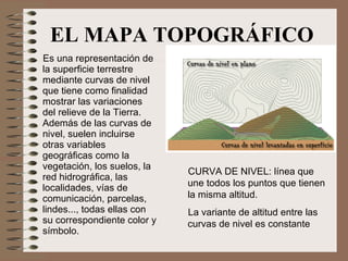 EL MAPA TOPOGRÁFICO Es una representación de la superficie terrestre mediante curvas de nivel que tiene como finalidad mostrar las variaciones del relieve de la Tierra.  Además de las curvas de nivel, suelen incluirse otras variables geográficas como la vegetación, los suelos, la red hidrográfica, las localidades, vías de comunicación, parcelas, lindes..., todas ellas con su correspondiente color y símbolo. CURVA DE NIVEL: línea que une todos los puntos que tienen la misma altitud.  La variante de altitud entre las curvas de nivel es constante 