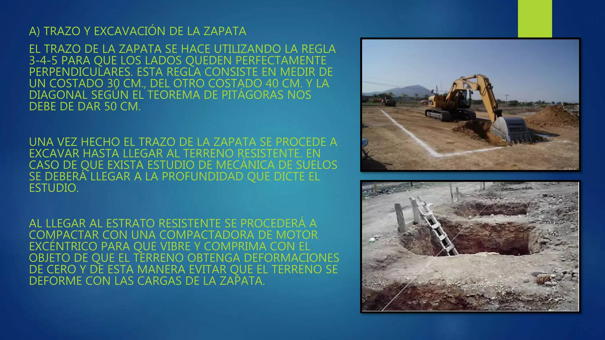 A) TRAZO Y EXCAVACIÓN DE LA ZAPATA
EL TRAZO DE LA ZAPATA SE HACE UTILIZANDO LA REGLA
3-4-5 PARA QUE LOS LADOS QUEDEN PERFECTAMENTE
PERPENDICULARES. ESTA REGLA CONSISTE EN MEDIR DE
UN COSTADO 30 CM., DEL OTRO COSTADO 40 CM. Y LA
DIAGONAL SEGÚN EL TEOREMA DE PITÁGORAS NOS
DEBE DE DAR 50 CM.
UNA VEZ HECHO EL TRAZO DE LA ZAPATA SE PROCEDE A
EXCAVAR HASTA LLEGAR AL TERRENO RESISTENTE. EN
CASO DE QUE EXISTA ESTUDIO DE MECÁNICA DE SUELOS
SE DEBERÁ LLEGAR A LA PROFUNDIDAD QUE DICTE EL
ESTUDIO.
AL LLEGAR AL ESTRATO RESISTENTE SE PROCEDERÁ A
COMPACTAR CON UNA COMPACTADORA DE MOTOR
EXCÉNTRICO PARA QUE VIBRE Y COMPRIMA CON EL
OBJETO DE QUE EL TERRENO OBTENGA DEFORMACIONES
DE CERO Y DE ESTA MANERA EVITAR QUE EL TERRENO SE
DEFORME CON LAS CARGAS DE LA ZAPATA.
 