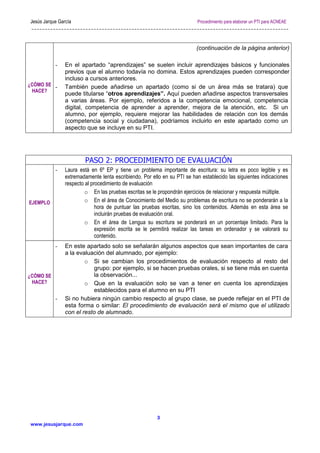 Jesús Jarque García Procedimiento para elaborar un PTI para ACNEAE
www.jesusjarque.com
3
¿CÓMO SE
HACE?
(continuación de la página anterior)
- En el apartado “aprendizajes” se suelen incluir aprendizajes básicos y funcionales
previos que el alumno todavía no domina. Estos aprendizajes pueden corresponder
incluso a cursos anteriores.
- También puede añadirse un apartado (como si de un área más se tratara) que
puede titularse “otros aprendizajes”. Aquí pueden añadirse aspectos transversales
a varias áreas. Por ejemplo, referidos a la competencia emocional, competencia
digital, competencia de aprender a aprender, mejora de la atención, etc. Si un
alumno, por ejemplo, requiere mejorar las habilidades de relación con los demás
(competencia social y ciudadana), podríamos incluirlo en este apartado como un
aspecto que se incluye en su PTI.
PASO 2: PROCEDIMIENTO DE EVALUACIÓN
EJEMPLO
- Laura está en 6º EP y tiene un problema importante de escritura: su letra es poco legible y es
extremadamente lenta escribiendo. Por ello en su PTI se han establecido las siguientes indicaciones
respecto al procedimiento de evaluación
o En las pruebas escritas se le propondrán ejercicios de relacionar y respuesta múltiple.
o En el área de Conocimiento del Medio su problemas de escritura no se ponderarán a la
hora de puntuar las pruebas escritas, sino los contenidos. Además en esta área se
incluirán pruebas de evaluación oral.
o En el área de Lengua su escritura se ponderará en un porcentaje limitado. Para la
expresión escrita se le permitirá realizar las tareas en ordenador y se valorará su
contenido.
¿CÓMO SE
HACE?
- En este apartado solo se señalarán algunos aspectos que sean importantes de cara
a la evaluación del alumnado, por ejemplo:
o Si se cambian los procedimientos de evaluación respecto al resto del
grupo: por ejemplo, si se hacen pruebas orales, si se tiene más en cuenta
la observación...
o Que en la evaluación solo se van a tener en cuenta los aprendizajes
establecidos para el alumno en su PTI
- Si no hubiera ningún cambio respecto al grupo clase, se puede reflejar en el PTI de
esta forma o similar: El procedimiento de evaluación será el mismo que el utilizado
con el resto de alumnado.
 