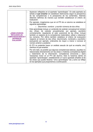 Jesús Jarque García Procedimiento para elaborar un PTI para ACNEAE
www.jesusjarque.com
6
¿DÓNDE APARECEN
REFLEJADAS LAS
COMPETENCIAS BÁSICAS Y
CRITERIOS DE
EVALUACIÓN?
- Aparecen reflejados en el apartado “aprendizajes”. En este apartado se
señala el qué enseñar sin establecer distinciones según la perspectiva
de las competencias o la perspectiva de los contenidos. Además
deberían definirse de manera que también establezcan el criterio de
evaluación.
- Por ejemplo, imaginemos que en el PTI de un alumno se establece el
siguiente aprendizaje:
o Discriminar, nombrar y escribir números de dos cifras.
- Este aprendizaje incluye un contenido de carácter conceptual (el número
dos cifras), de carácter procedimental, por ejemplo, escribirlo
correctamente, respetando el valor posicional de las cifras; incluye
también un aspecto de la competencia matemática: utilizar y relacionar
los números. Por último también establece el criterio de evaluación
respecto al número de dos cifras: discriminarlo, nombrarlo y escribirlo;
excluyendo por ejemplo, ordenarlos de mayor a menor o conocer el
número anterior y posterior.
- El PTI no pretende hacer un análisis sesudo de qué se enseña, sino
clarificar el qué enseñar.
- Por otro lado, es posible que algunas competencias básicas, aquellas no
relacionadas directamente con las áreas o materias (competencia digital
y tratamiento de la información, competencia emocional...) sean
necesarias incluir en el PTI del alumno. Esto lo haremos dentro el
apartado “aprendizajes”, estableciendo un nuevo apartado añadido al de
las áreas que puede titularse “otros aprendizajes” tal y como se refleja
en los ejemplos que proponemos a continuación.
 