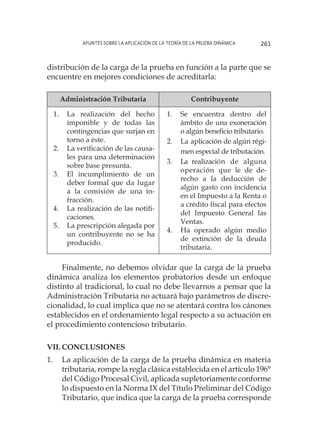 Apuntes sobre la aplicación de la Teoría de la Prueba Dinámica 261
distribución de la carga de la prueba en función a la parte que se
encuentre en mejores condiciones de acreditarla:
Administración Tributaria Contribuyente
1.	 La realización del hecho
imponible y de todas las
contingencias que surjan en
torno a éste.
2.	 La verificación de las causa-
les para una determinación
sobre base presunta.
3.	 El incumplimiento de un
deber formal que da lugar
a la comisión de una in-
fracción.
4.	 La realización de las notifi-
caciones.
5.	 La prescripción alegada por
un contribuyente no se ha
producido.
1.	 Se encuentra dentro del
ámbito de una exoneración
o algún beneficio tributario.
2.	 La aplicación de algún régi-
men especial de tributación.
3.	 La realización de alguna
operación que le de de-
recho a la deducción de
algún gasto con incidencia
en el Impuesto a la Renta o
a crédito fiscal para efectos
del Impuesto General las
Ventas.
4.	 Ha operado algún medio
de extinción de la deuda
tributaria.
Finalmente, no debemos olvidar que la carga de la prueba
dinámica analiza los elementos probatorios desde un enfoque
distinto al tradicional, lo cual no debe llevarnos a pensar que la
Administración Tributaria no actuará bajo parámetros de discre-
cionalidad, lo cual implica que no se atentará contra los cánones
establecidos en el ordenamiento legal respecto a su actuación en
el procedimiento contencioso tributario.
VII.	Conclusiones
1.	 La aplicación de la carga de la prueba dinámica en materia
tributaria, rompe la regla clásica establecida en el artículo 196°
del Código Procesal Civil, aplicada supletoriamente conforme
lo dispuesto en la Norma IX del Título Preliminar del Código
Tributario, que indica que la carga de la prueba corresponde
 