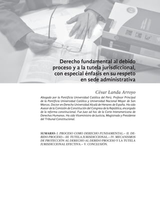 31
Derecho fundamental al debido
proceso y a la tutela jurisdiccional,
con especial énfasis en su respeto
en sede administrativa
César Landa Arroyo
Abogado por la Pontificia Universidad Católica del Perú. Profesor Principal
de la Pontificia Universidad Católica y Universidad Nacional Mayor de San
Marcos. Doctor en Derecho Universidad Alcalá de Henares de España. Ha sido
Asesor de la Comisión de Constitución del Congreso de la República, encargado
de la reforma constitucional. Fue Juez ad hoc de la Corte Interamericana de
Derechos Humanos. Ha sido Viceministro de Justicia, Magistrado y Presidente
del Tribunal Constitucional. 
SUMARIO: I. PROCESO COMO DERECHO FUNDAMENTAL.– II. DE-
BIDO PROCESO.– III. TUTELA JURISDICCIONAL.– IV. MECANISMOS
DE PROTECCIÓN AL DERECHO AL DEBIDO PROCESO Y LA TUTELA
JURISDICCIONAL EFECTIVA.– V. CONCLUSIÓN.
 